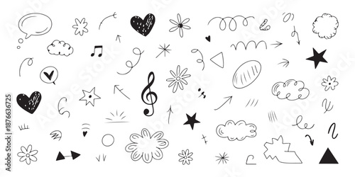 Collection of black and white hand drawn doodle icons featuring hearts clouds stars music notes and arrows