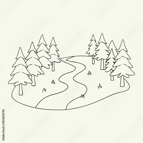 A gentle forest brook winds between trees, smooth stones, and leafy banks, inviting calm. Soft flowing water, birds, and plants create a peaceful coloring page scene.
