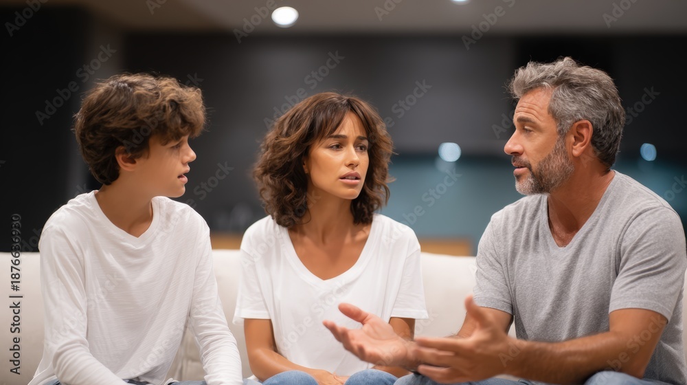 Fototapeta premium Family discussion between a teenage boy, a woman, and a man in casual clothing, expressing emotions and concerns, highlighting the importance of communication in family relationships