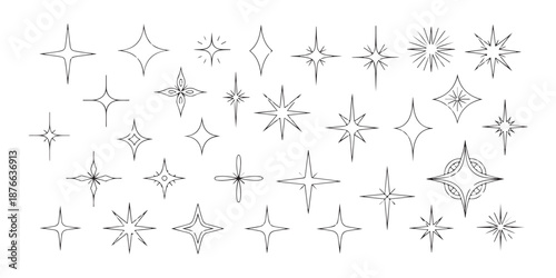 Minimalist hand drawn sparkle and starburst vector collection for decorative graphic design and celestial elements