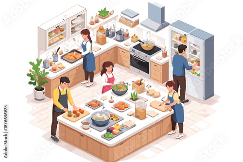 Family members preparing food together in a modern isometric kitchen setting