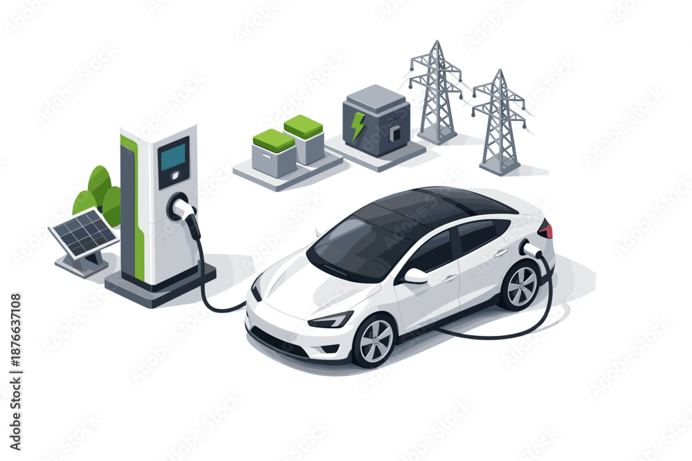 Fototapeta premium Electric car charging at a station powered by solar and grid energy