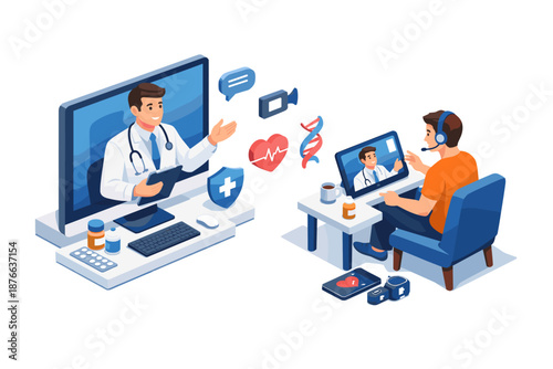 Online doctor consultation via video call, patient receives medical advice remotely