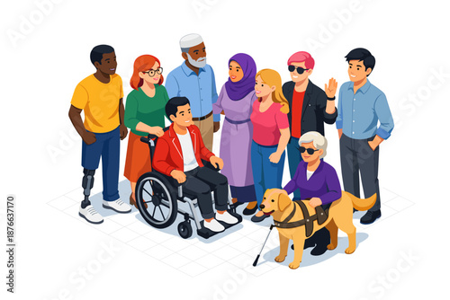 Diverse group of people with disabilities and different ethnicities standing together