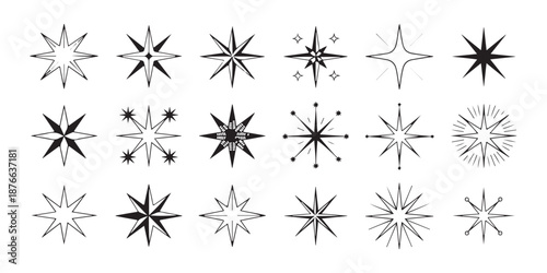 Retro mid-century modern starburst and compass icons for vintage layout projects and nostalgic branding aesthetics