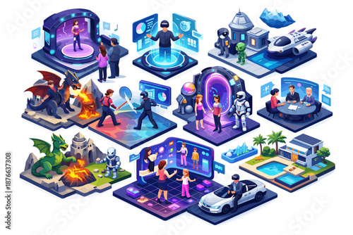 Diverse metaverse scenes showcase virtual reality, gaming, and futuristic concepts