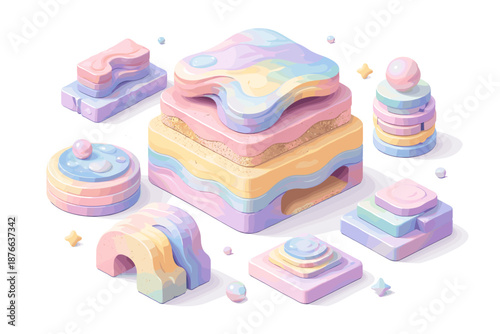 Whimsical pastel building blocks and toys arranged in a playful isometric composition