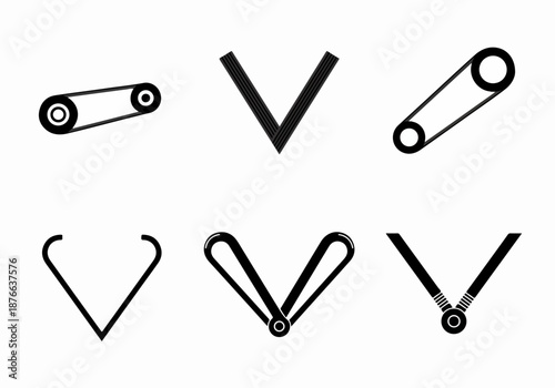 Vector illustrations of V-belt and pulley systems, showcasing various mechanical power transmission components. Industrial engineering concepts for machinery drive mechanisms on white background.