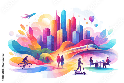 Vibrant city skyline with diverse transportation and leisure activities