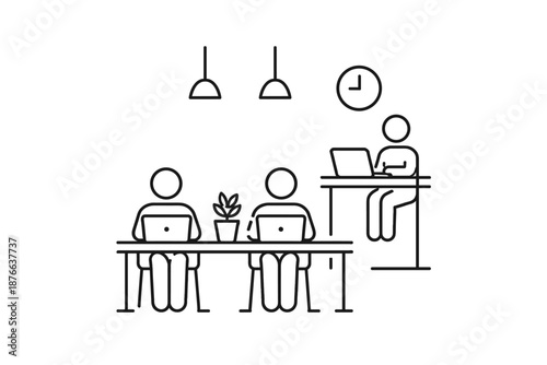 Modern office scene with people working on laptops at desks and a clock on the wall