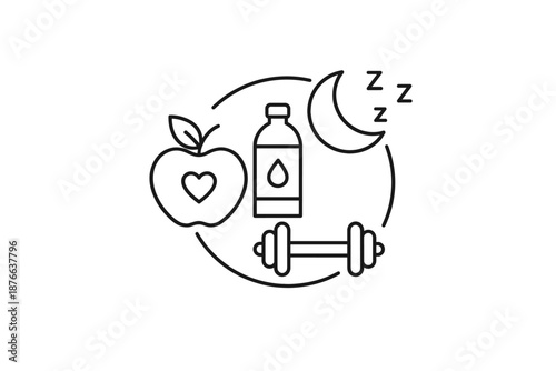 Healthy lifestyle icons: apple, water, dumbbell, and sleep symbols
