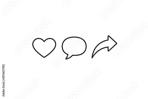Social media icons for likes, comments, and shares on a white background