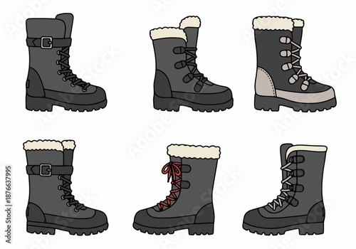 A diverse collection of hand-drawn winter boots featuring fur lining, laces, and buckles, perfect for cold weather adventures or snowy conditions.