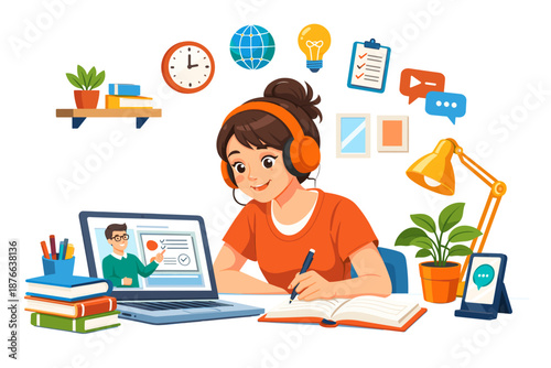 Young woman learning online with headphones and laptop, surrounded by educational icons
