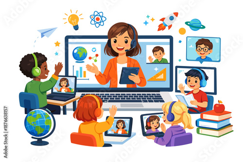Children engage in online learning with a teacher via video conference on multiple devices