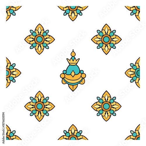 A vibrant, repeating pattern illustration with bold shapes and colors, creating a lively, eye-catching design that flows seamlessly across the surface.
