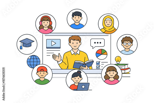 Online education concept with diverse students learning from a teacher via video call