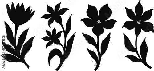 Silhouette of four different blooming flowers with leaves and stems in black on white background