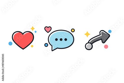 Social media icons: heart, chat bubble, and arrow representing engagement and growth