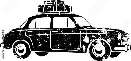 Vintage car silhouette with luggage on roof, classic automobile and travel illustration