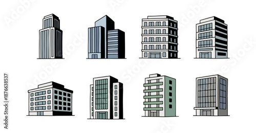 Collection of modern office buildings and structures on a black background