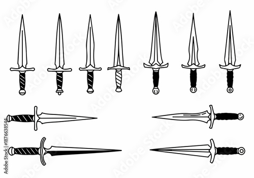 Historical and Fantasy Dagger and Sword Designs: Monochrome Outline Vector Set for Weapons, Warfare, and Combat Imagery.