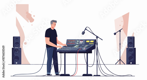Sound engineer operating a professional audio mixing console with speakers and microphones on a stage, preparing for a live event. Flat vector illustration.