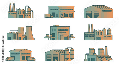 Industrial buildings and factories collection in vector style