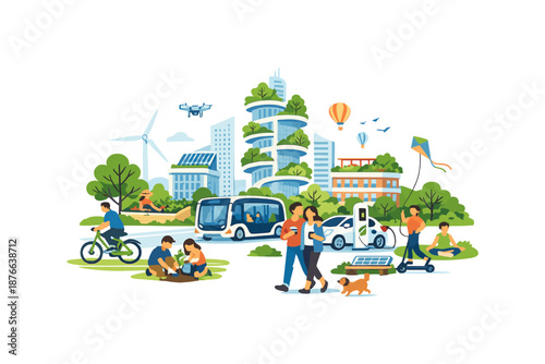 Sustainable city life with eco-friendly transportation and green living
