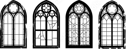set of four black and white stained glass windows with gothic arches and decorative patterns