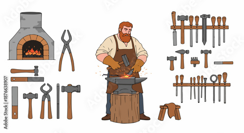 Bearded Blacksmith Forging Metal on Anvil with Tools, Furnace, and Sparks. Traditional Craft Illustration on White Background.
