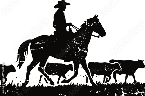 cowboy riding horse herding cattle in ranch landscape black and white silhouette