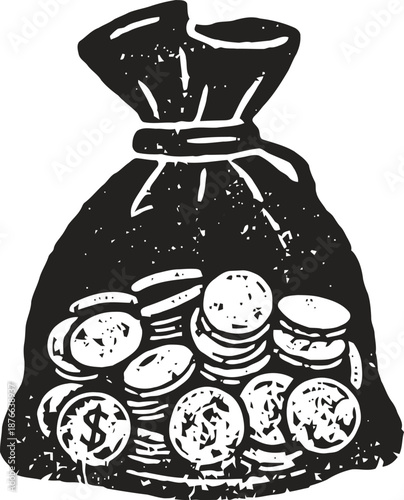 Large money bag filled with stack of coins and currency symbols, vintage illustration