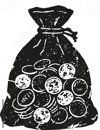 Drawstring bag filled with coins, vintage money pouch, old treasure sack illustration