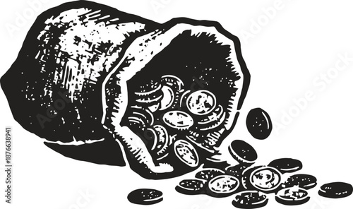 Old sack spilling coins vintage treasure with scattered money wealth, fortune, currency illustration