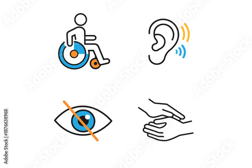 Icons representing disability: wheelchair user, hearing loss, blindness, and tactile sensitivity