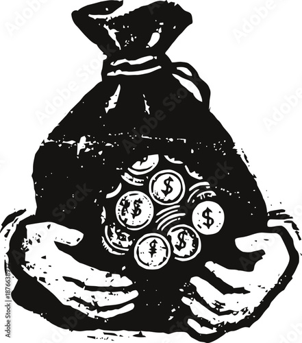 hand drawn illustration of hands holding a money bag full of coins with dollar signs