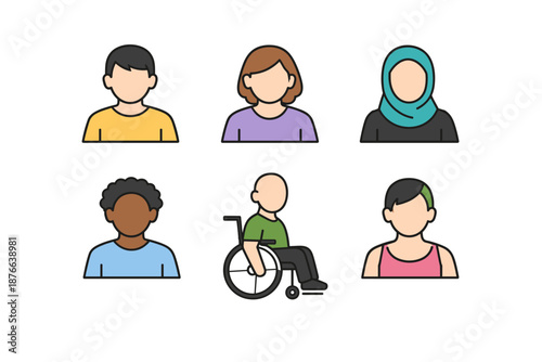 Diverse group of people icons representing different ethnicities, genders, and abilities
