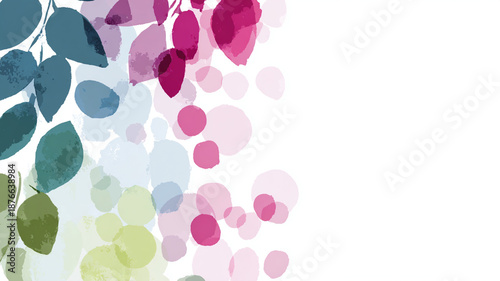 Watercolor leaf border background with multicolor foliage in blue, green, and pink on white canvas