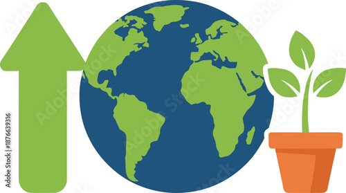 Eco growth illustration with globe, upward arrow, and plant in pot, sustainability concept artwork for environment, climate action, green energy, and global development projects