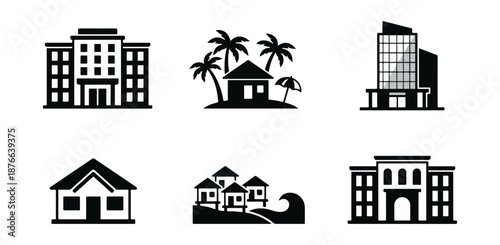 Silhouetted buildings illustrations set icons symbols vector