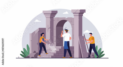 Archaeological team working on ancient ruins, preserving historical heritage with tools like chisels and brushes, an illustration of discovery and cultural restoration.