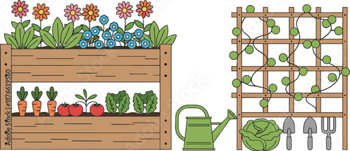 Garden illustration with flowers, vegetables, trellis plants, watering can, and gardening tools, flat design artwork for planting, farming, backyard gardening, and horticulture projects
