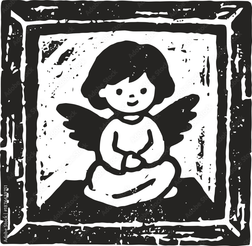 Fototapeta premium Black and white engraved illustration of a cute angel with wings sitting and praying