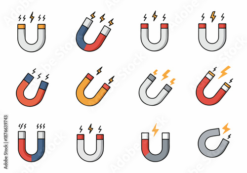 Collection of Vibrant Horseshoe Magnets with Lightning Bolts Representing Science, Attraction, and Polarity in Flat Design