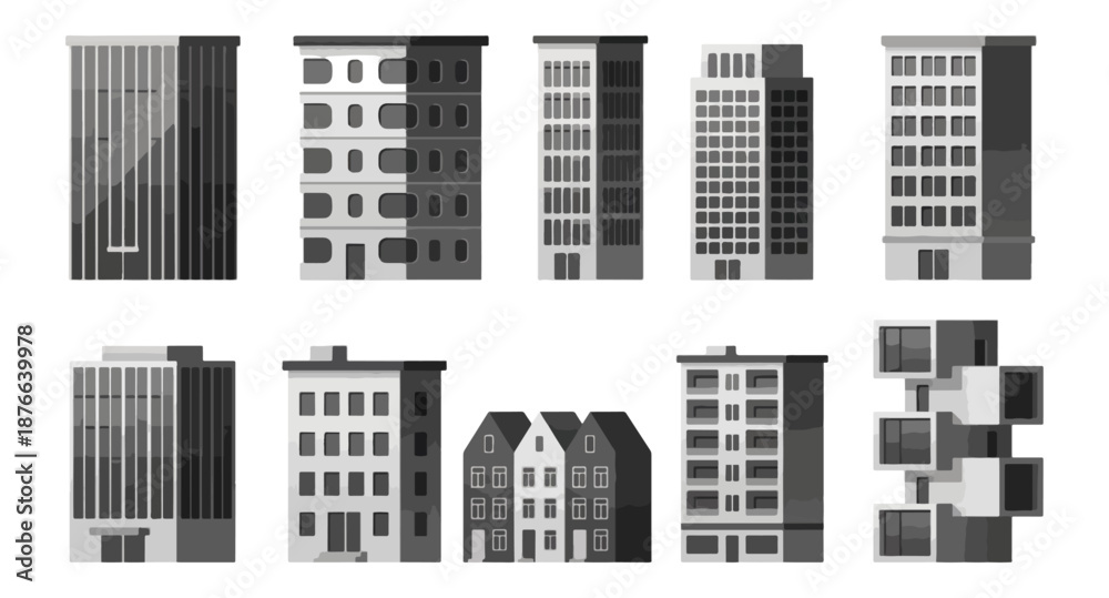 Fototapeta premium Urban buildings collection monochrome vector illustrations