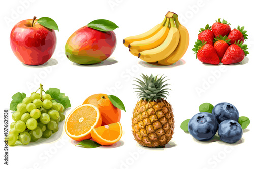 Assortment of fresh, ripe fruits including apples, bananas, and berries