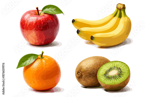 A vibrant collection of fresh fruits including an apple, bananas, an orange, and kiwi