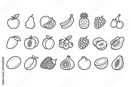 Collection of hand-drawn fruit icons in a simple black and white line art style