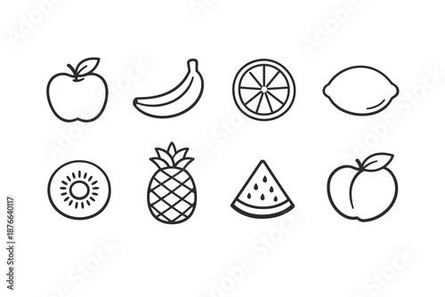 Collection of simple line art icons representing various fruits